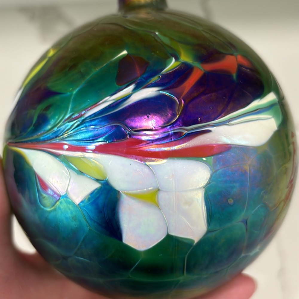 Handblown Iridescent Mosaic Art Glass Oil Lamp With Brass Top - Picture 7 of 14